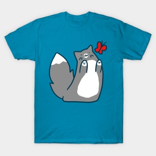 Gray Tuxedo Cat and Butterfly T-Shirt